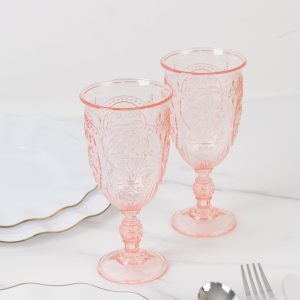 24-Pack Plastic Vintage Goblets – 10oz Transparent Blush Retro Embossed Wine Glasses, Elegant Water & Juice Cups - 7" Tall